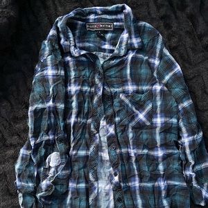 Multi-colored blue flannel with back graphic